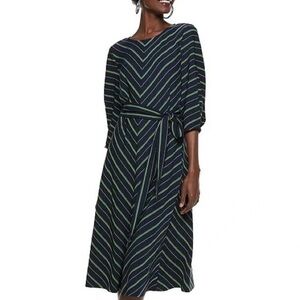 Nine West | Mitered Navy Green Striped Midi Belted Dress Small